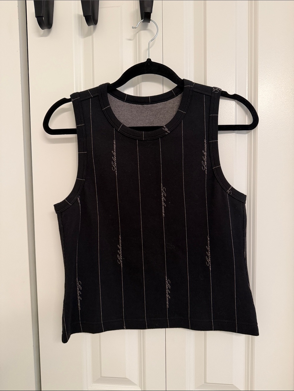 Lululemon Sleeveless Black Pinstripe Knit Tank Top with Stripe Wordmark